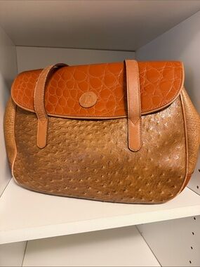 Two-Tone Tan and Orange Shoulder Bag with Textured Finish